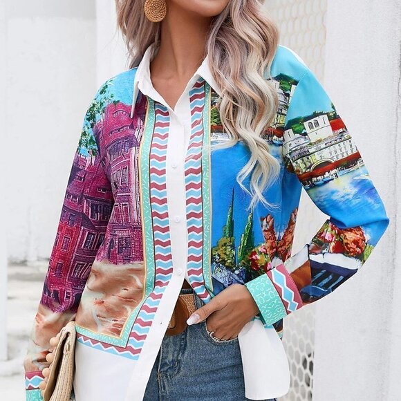Multicolor Boho Womens Building Print Drop Shoulder Shirt - Picture 5 of 5